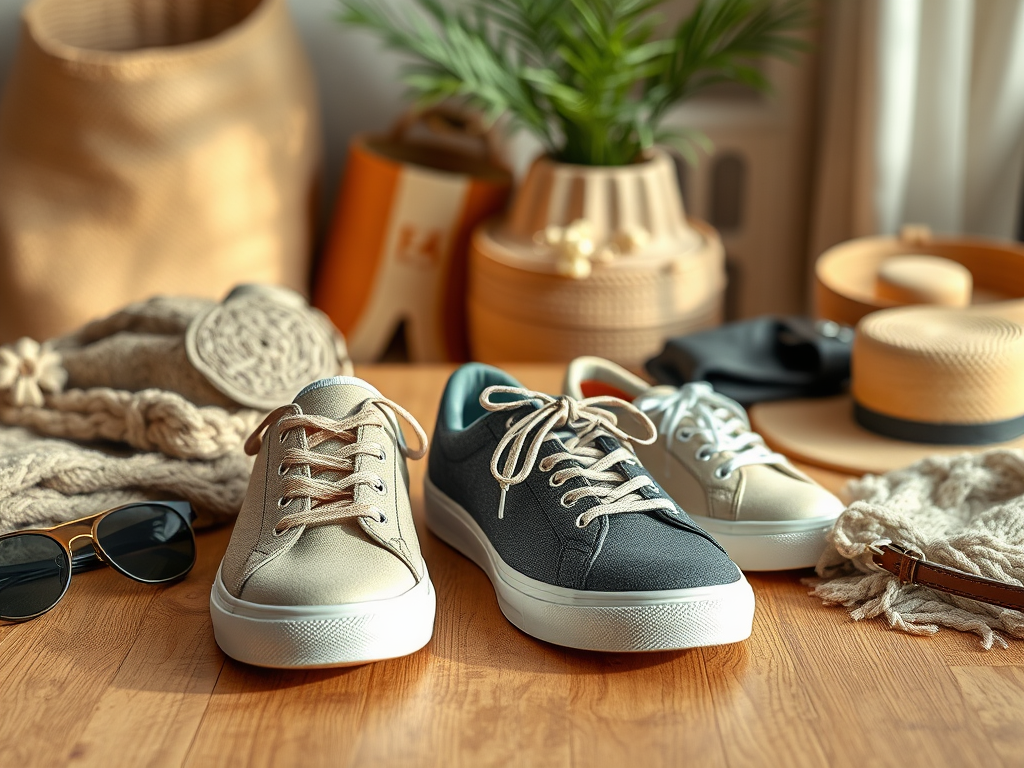 A flat lay of casual shoes in beige and navy, surrounded by hats, sunglasses, and accessories on a wooden surface.