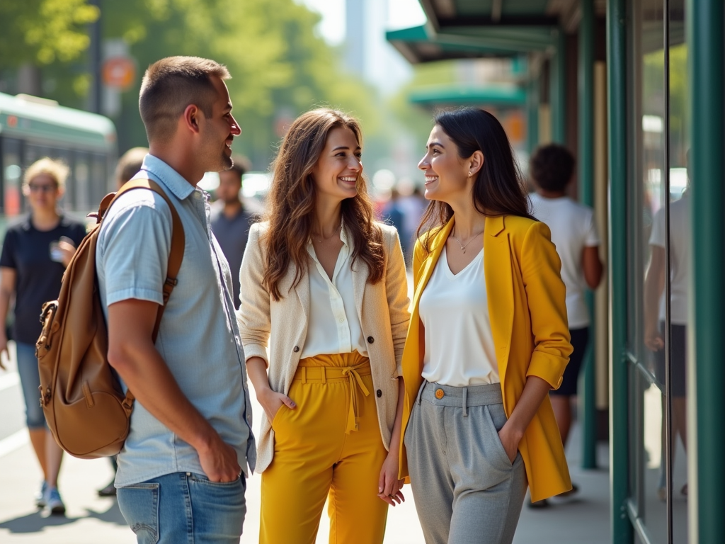 Three friends chatting and walking on a sunny city street.