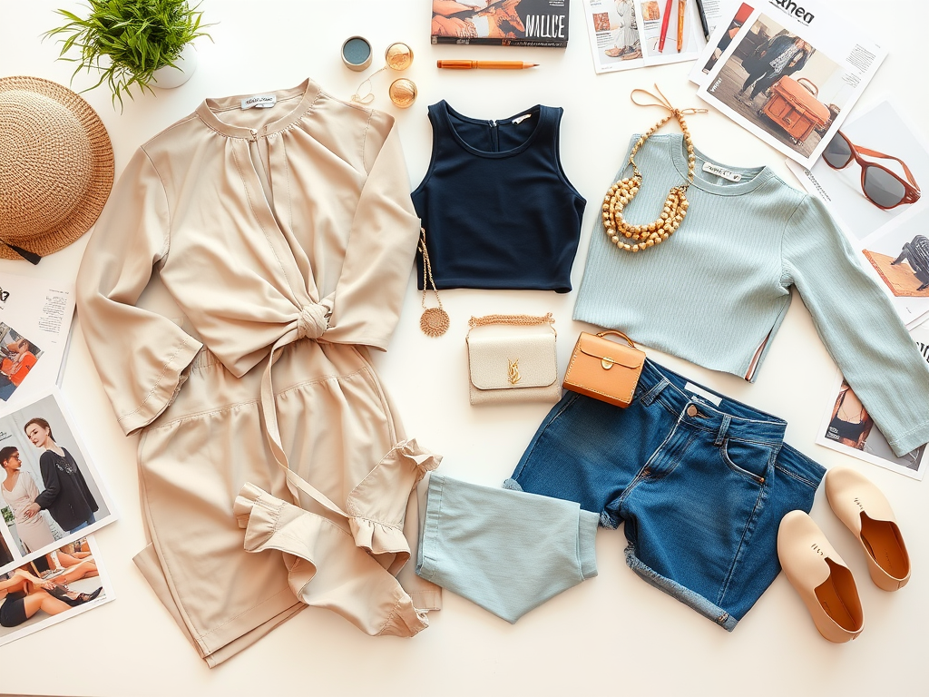 A flat lay of stylish clothing, accessories, and magazines, featuring a beige dress, jeans, and tops in various colors.