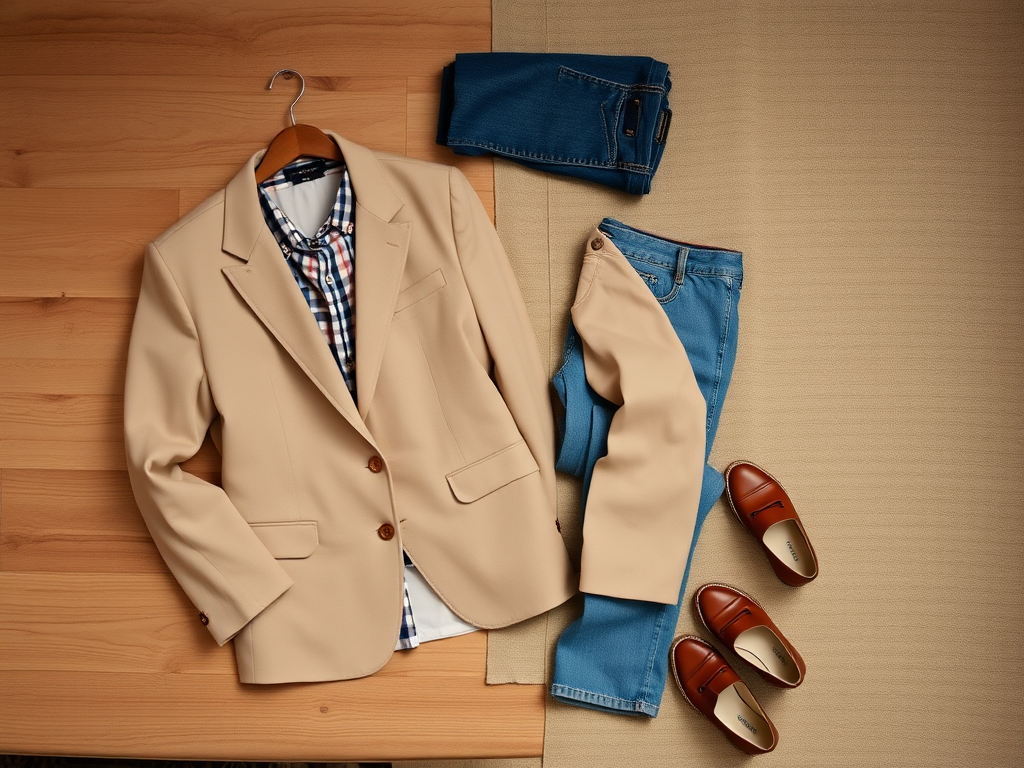 A beige blazer, plaid shirt, blue jeans, and brown loafers arranged on a wooden surface.