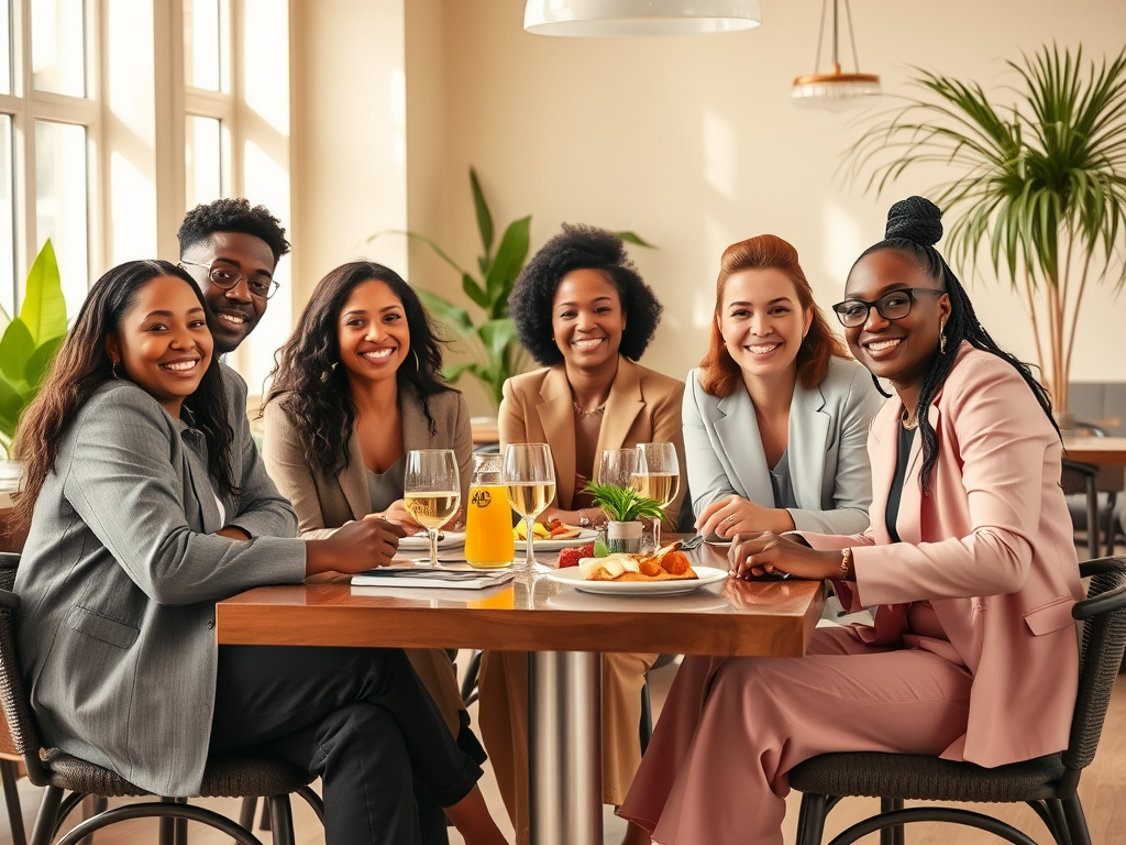 A group of six professionals smiling together at a table with food and drinks in a bright, modern setting.
