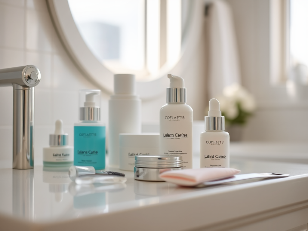 A stylish bathroom counter featuring various skincare products, including serums and moisturizers, and a mirror in the background.