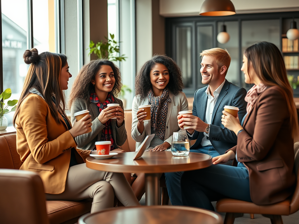 A group of five friends enjoys coffee together in a café, engaged in lively conversation and laughter.