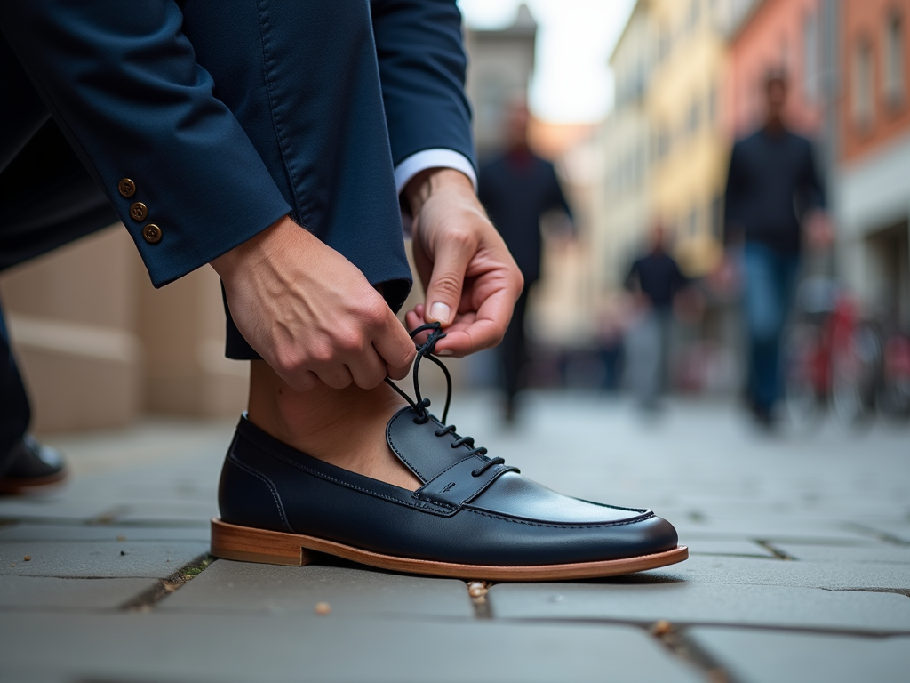 Man in blue suit tying the laces of his polished black shoe on a cobblestone street.