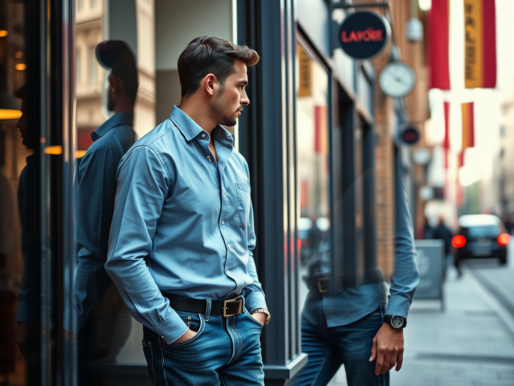 A man in a blue shirt stands by a shop window, reflecting on the street with flags and cars in the background.
