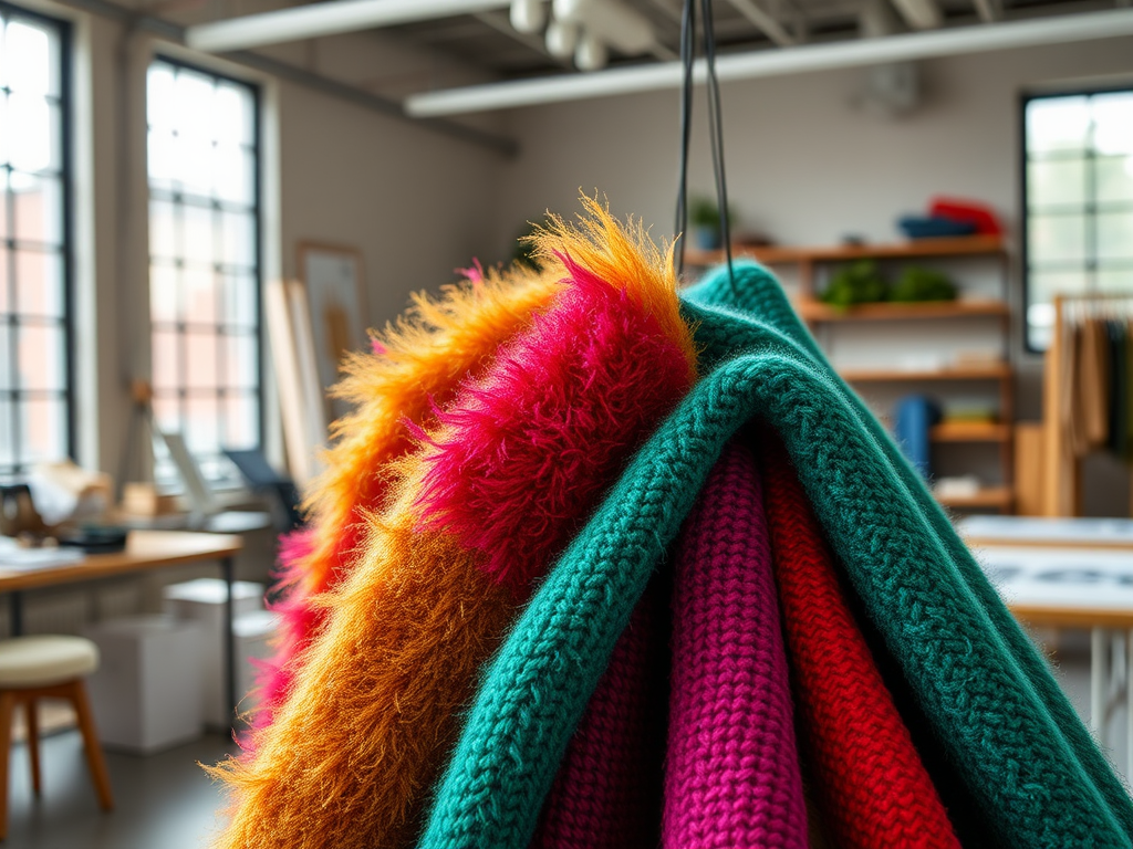 A colorful assortment of knitted sweaters hangs against a bright, modern workspace with large windows.