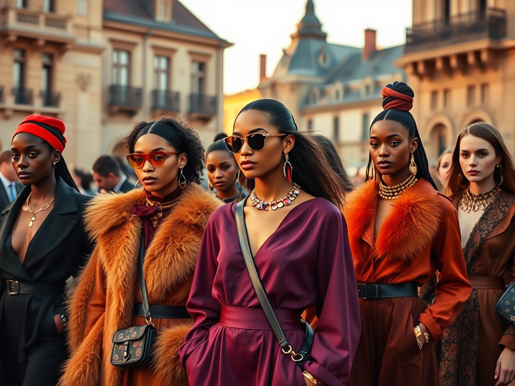 A group of stylish women walk together, showcasing vibrant outfits and accessories during a fashionable event.