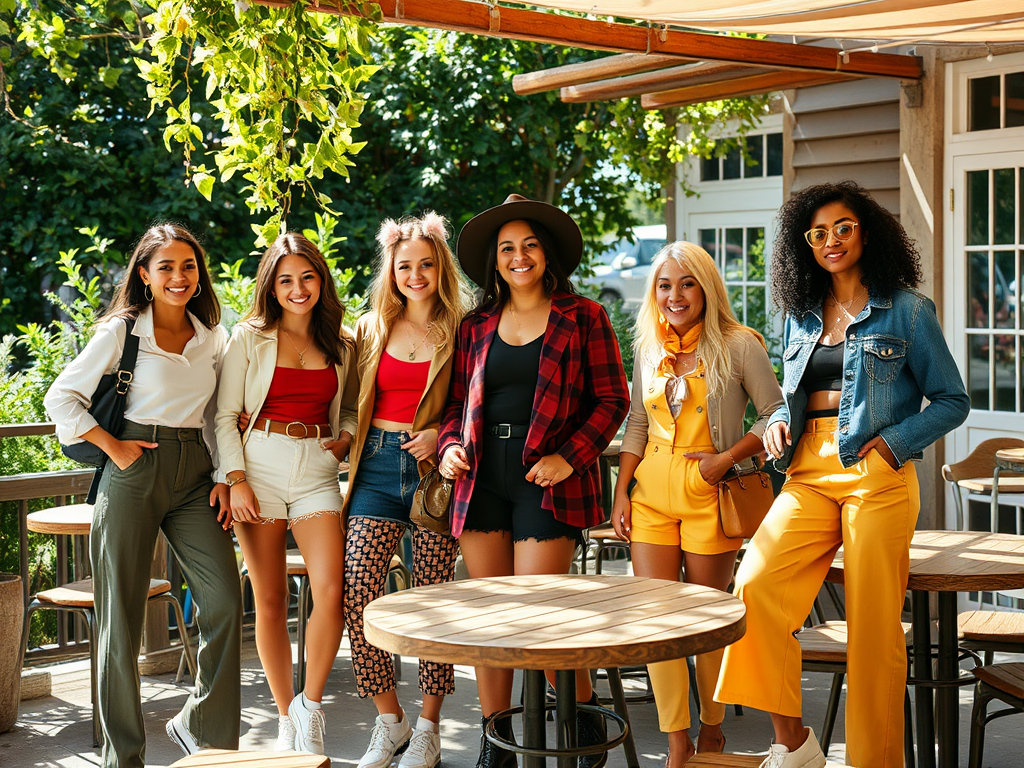 Six women of diverse appearances stand together outdoors, smiling and dressed in stylish summer outfits.