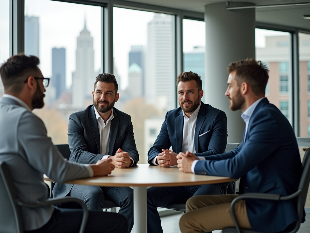 Four businessmen in suits having a meeting around a table in a bright office with city view.