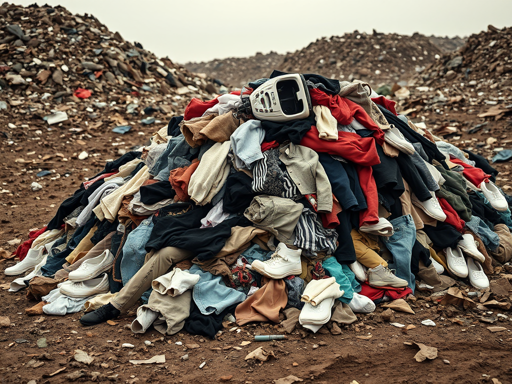 A large pile of discarded clothing and shoes on a dirt surface, surrounded by a waste-filled landscape.