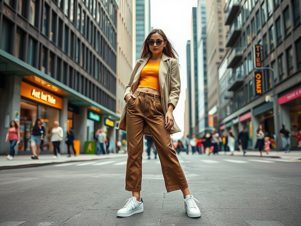 A stylish woman stands confidently in the street, wearing an orange crop top, beige jacket, and wide-leg pants.