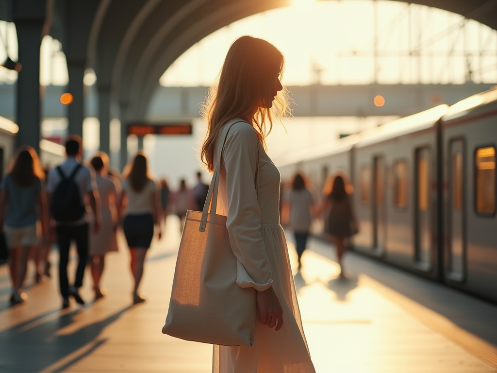 Woman waiting at a busy train station during sunset, silhouetted against the light.